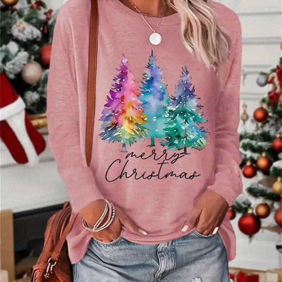 Christmas Tree Graphic Long Sleeve T-Shirt - Pastel Pink NIP - Picture 3 of 4
